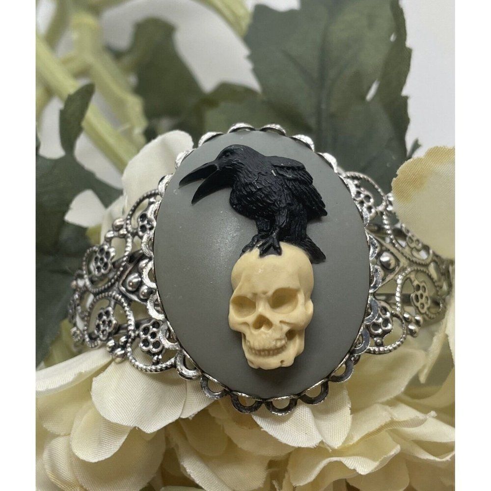 Black Raven Crow Bird Cameo Bangle Bracelet Silver Goth SKULL ROCKABILLY BANGLE